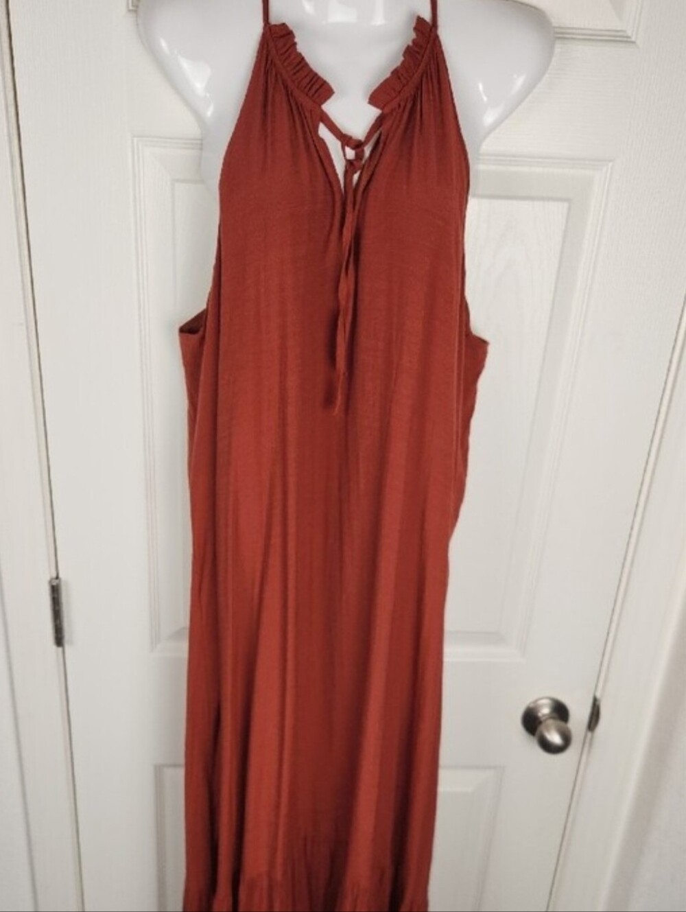 Nine West Burnt-Orange Tie-Front Halter Maxi Dress With Bottom Ruffle
